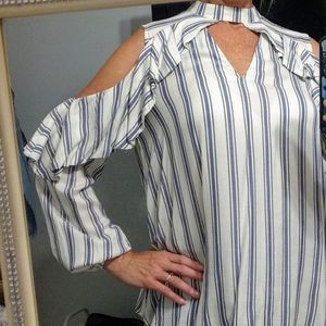 White and Blue Striped Cold Shoulder Blouse